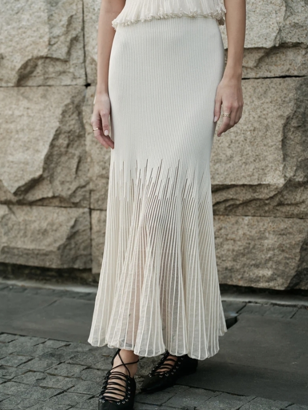 Commense Knit Pleated Ruffle Maxi *Skirt Only* White M NWT